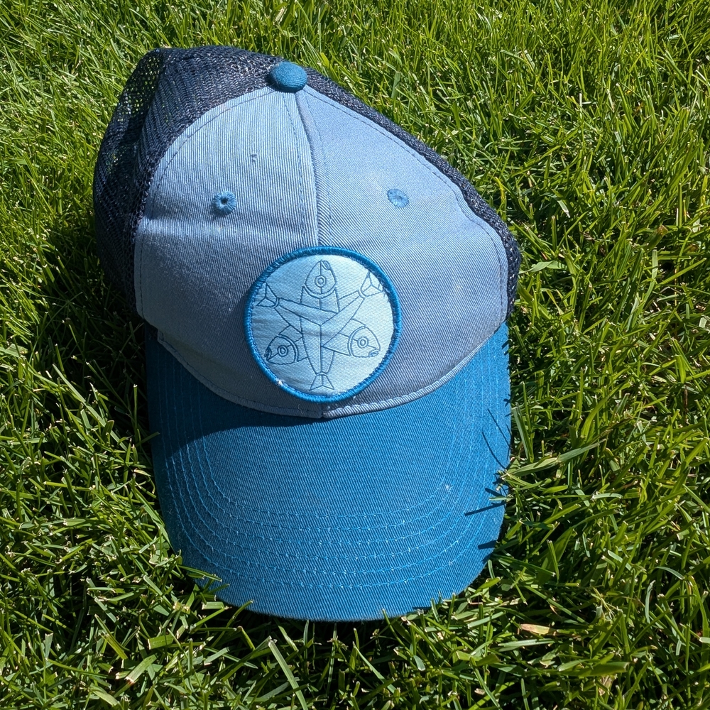 Blue and Black Trucker Hat with Embroidered Design